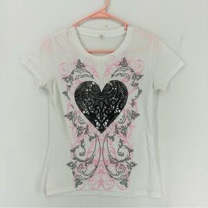 Y2K Heart Spiral Graphic T Shirt Womens Medium White